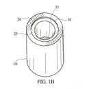 Black and white technical drawing of a cylindrical object with labeled parts 10, 20, 25, 30, and 35, and the caption FIG. 1B beneath. The open top reveals concentric circles, evocative of the precise craftsmanship seen in The Spice Lab Himalayan Salt Tequila Shooters - 8 Pack by The Spice Lab.