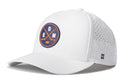 The Haka Hat Edmonton Hockey Performance 5-Panel Hat features a crisp white design with a circular emblem showcasing crossed hockey sticks, EDM letters, and a small puck. This Haka Hat offers perforated side panels for breathability, a curved brim, and the comfort of an EDM x Flexfit snapback closure—perfect for any Edmonton hockey fan.