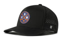 Introducing the Haka Hat Edmonton Hockey Performance 5-Panel Hat | EDM X Flexfit Snapback by Haka Hat. This black performance hat features a round front logo with crossed hockey sticks, a puck, and the letters E, D, and M. Designed for both style and comfort, it includes small ventilation holes on the side and a discreet H logo near the brim—perfect for any Edmonton hockey fan.