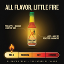 A bottle of Elijah's Xtreme Pineapple-Mango Habanero Hot Sauce from Elijah's Xtreme is labeled as mild, featuring notes of pineapple and mango, a touch of roasted habanero, and a mild-to-extreme heat scale with “mild” highlighted. This tropical hot sauce expertly combines fruity sweetness with gentle heat, making it ideal for those who enjoy a milder kick.