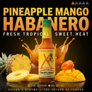 A bottle of Elijah's Xtreme Pineapple-Mango Habanero Hot Sauce from Elijah’s Xtreme is shown alongside sliced pineapple, mango, and a habanero pepper on a black backdrop. The labels highlight that it is non-GMO, gluten-free, and vegan. This tropical hot sauce offers the perfect blend of sweet fruit flavors and mild heat for an irresistible finish.