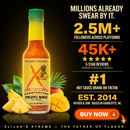 A bottle of Elijah's Xtreme Pineapple-Mango Habanero Hot Sauce, the ultimate tropical blend from Elijah's Xtreme, featuring pineapples and mangoes. Boasting 2.5M+ followers, over 45K reviews, and ranked the