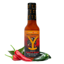 A bottle of Elijah's Xtreme Enemies by Morning (Roasted Jalapeño) hot sauce from Elijah's Xtreme stands behind two red chili peppers and one green jalapeño pepper on a white background.