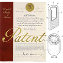 A U.S. patent certificate with gold seal is shown on the left, and technical patent drawings of a cylindrical object—such as The Spice Lab Himalayan Salt Tequila Shooters 4 Pack—with labeled parts appear on the right.