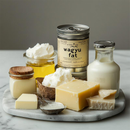 A marble tray featuring an assortment of dairy items and a can of wagyu fat—including bottled milk, butter, cream, and cheese—arranged neatly against a neutral background, makes the perfect pairing for your SpitJack The Ultimate Guide to Meat Injecting — PDF eBook by SpitJack. Use these essentials to elevate your experiments with flavorful brisket injection techniques.