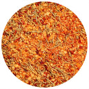 A close-up of The Spice Lab Rosemary Roasted Garlic Seasoning, featuring a circular pile of mixed dried spices—including red pepper flakes, dried rosemary, and orange bits—creates an Italian-inspired blend set against a white background.