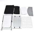 The DirectDeals Folding Camping Table with Storage Organizer comes disassembled with black carry bags, white tabletop pieces, gray side panels, foldable metal frame, metal slats, and a metal grid—perfect for outdoor cooking.