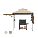 DirectDeals 13.5 x 4 Feet Patio BBQ Grill Gazebo Canopy with Dual Side Awnings features a black metal frame, open grill area, side shelves, lower storage, and beige/gray color samples on a white background.