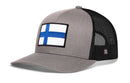 Haka Hat Finland Flag International Trucker Hat, a gray cap with a black mesh back and a patch featuring the blue and white flag of Finland on the front.