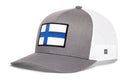 Grey and white Haka Hat Finland Flag International Trucker Hat featuring an embroidered Finnish flag patch on the front.