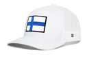 White Haka Hat Finland Flag International Trucker Hat featuring an embroidered Finland flag patch on the front.