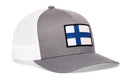 Haka Hat Finland Flag International Trucker Hat, a gray snapback with a white mesh back and a Finnish flag patch on the front.
