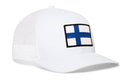 Haka Hat Finland Flag International Trucker Hat, a white trucker hat with a mesh back and a square patch of the Finland flag on the front.