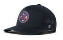 Introducing the Haka Hat Florida Hockey Performance 5-Panel Hat | FLA X Flexfit Snapback—a navy blue cap by Haka Hat. This water-repellent hat features a unique round logo with crossed red hockey sticks, the letters F, L, and A, plus a small hockey puck. Perforated side panels ensure breathability, while the Flexfit sweatband delivers all-day comfort. A subtle H logo accents the brim for signature style.