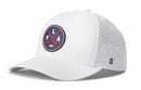 The Haka Hat Florida Hockey Performance 5-Panel Hat | FLA X Flexfit Snapback is a white baseball cap featuring a round front logo with crossed hockey sticks, the FLA letters, and a small hockey puck. This Haka Hat includes side panels with ventilation holes for breathability and is equipped with a Flexfit sweatband for enhanced comfort.