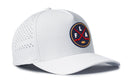 The Haka Hat Florida Hockey Performance 5-Panel Hat | FLA X Flexfit Snapback by Haka Hat is a white baseball cap featuring a round logo with two crossed red hockey sticks, the letters L, A, F, and A, and a yellow hockey puck. Designed for comfort and performance, this hat offers small ventilation holes on the sides and a Flexfit sweatband for all-day wear.