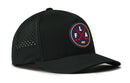 Introducing the Haka Hat Florida Hockey Performance 5-Panel Hat | FLA X Flexfit Snapback. This black snapback by Haka Hat features side ventilation holes and a circular front logo with two crossed red hockey sticks, the letters F and A, plus a gold puck. The Flexfit sweatband delivers all-day comfort, making this Florida hockey hat both stylish and functional.