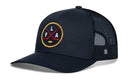 Navy blue Haka Hat Florida Hockey Trucker Hat | FLA X Snapback with a circular FLA X patch featuring crossed hockey sticks and a puck.