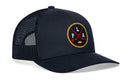 Navy blue Haka Hat Florida Hockey Trucker Hat | FLA X Snapback with a circular patch featuring crossed red hockey sticks, a yellow puck, and the letters F, L, and A.