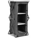 The DirectDeals Folding Camping Storage Cabinet with 3 Shelves and Carry Bag features a black foldable design, white top, zippered cover, metal frame, and three internal shelves for organized storage.
