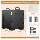 Amazon Catering Food Warmers for Catering hold 5 full-size pans (81 qt). Features commercial-grade insulation, handles, and includes stickers, two extra hinges, and two extra buckles. Measures 25" tall, 24" deep, 16.5" wide.