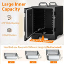 The Amazon Catering Food Warmers for Catering holds up to 5 full-size pans with 81-quart capacity, commercial-grade insulation, 8 shelf dividers, and measures 21" deep x 13" wide x 17" high. Open-door design shown; see diagrams for pan fits.