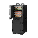 An Amazon Catering Food Warmer (81-quart, fits 5 full-size pans) in black is shown with its upper door open, revealing four trays of food inside. The commercial-grade insulated carrier features sturdy handles and sits atop another closed unit.