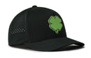 The Haka Hat Four Leaf Clover Performance 5-Panel Hat features a black Flexfit Snapback design with a green four-leaf clover embroidered on the front. Small perforated holes on the side panels provide ventilation, making this Haka Hat ideal for St. Patrick’s Day celebrations. The hat is displayed at a slight angle against a white background.