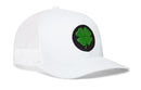 The Haka Hat Four Leaf Clover Trucker Hat by Haka Hat features a white design with a black circular patch displaying a green four-leaf clover on the front—making it the perfect St. Patrick’s Day snapback or an everyday good luck hat.