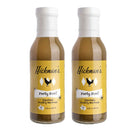 Two bottles of Hickman's BBQ Party Fowl Poultry Injectable Marinade (Pack of 2) by Hickman's BBQ, featuring yellow labels with white caps, bold black text, a chicken silhouette, and diamond patterns—ideal for infusing your chicken or turkey with rich, delicious flavor as a BBQ or poultry marinade.