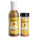Enjoy the Hickman's BBQ Party Fowl Poultry Package from Hickman's BBQ, featuring a bottle of poultry marinade for succulent flavor infusion and a shaker of poultry rub for BBQ chicken, both with yellow labels displaying a chicken silhouette.