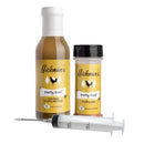 The Hickman's BBQ Party Fowl Poultry Package with Injector includes a bottle of poultry marinade, a shaker of poultry rub, and a plastic marinade injector, all arranged together on a white background.
