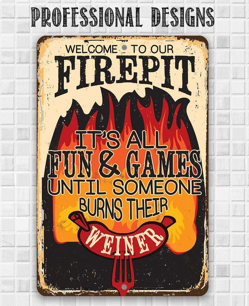 Metal sign with humorous firepit design and text on a tiled wall background