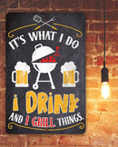 Decorative sign with grill and beer graphics on a brick wall background