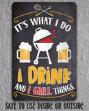 Metal sign with grill and beer design on a gray background