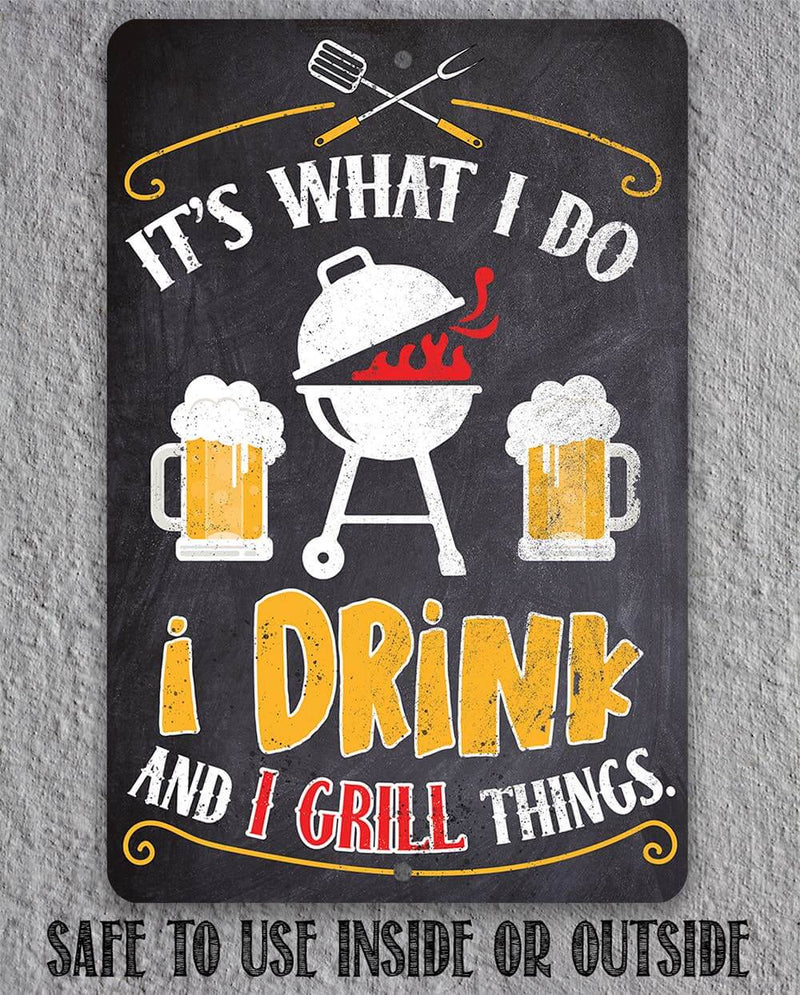 Metal sign with grill and beer design on a gray background