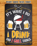 Metal sign with grill and beer design on a wooden background
