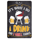 Metal sign with grill and beer design on a black background