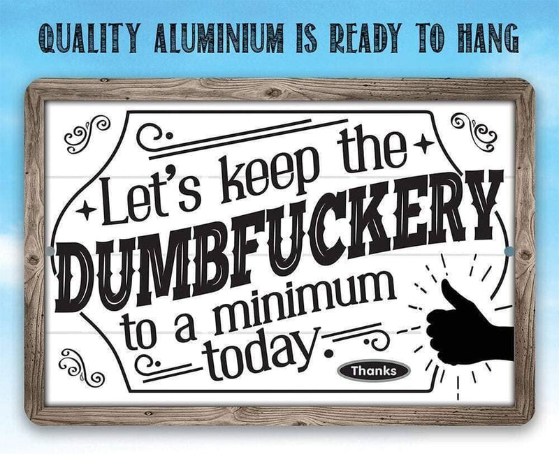 Wooden-framed sign with humorous text and a hand gesture on a blue background