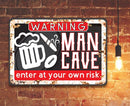 The Enter At Your Own Risk - Metal Sign by Lone Star Art features beer, cigar, and football images—funny aluminum wall decor for any man cave.