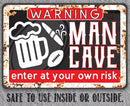 The Enter At Your Own Risk - Metal Sign by Lone Star Art features beer, cigar, and football images. This rusted-look aluminum decor is perfect for indoor or outdoor man caves.