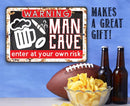 Lone Star Art Enter At Your Own Risk - Metal Sign features beer, cigar, and football icons—perfect for a man cave or home bar. Great gag gift for sports fans!.