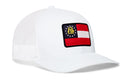 White Haka Hat Georgia Flag Trucker Hat featuring a rectangular patch of the state flag.