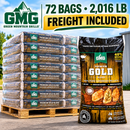A pallet stacked with 72 bags of Green Mountain Grills Gold Blend Pellets – 72-Bag Pallet (2,016 lb) – Freight Included next to a single individual bag featuring product details and cooking icons.