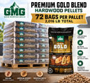 A Green Mountain Grills Gold Blend Pellets – 72-Bag Pallet (2,016 lb) – Freight Included pallet stacked with 72 bags, displayed alongside a single bag and icons highlighting 100% natural ingredients and wood varieties.