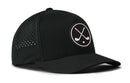 The Haka Hat Crossed Clubs Performance 5-Panel Hat | Golf Flexfit Snapback is a black baseball cap featuring a round front logo with two crossed golf clubs and a golf ball. Designed as a performance 5-panel hat, it includes small ventilation holes on the side panel for enhanced breathability. The Haka Hat is shown against a white background.