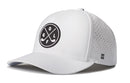 White Haka Hat Golf X Performance 5-Panel Hat with a circular patch featuring crossed golf clubs and the letters G, O, L, and F.