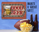 The Good Beer - Metal Sign by Lone Star Art features a beer mug and “GOOD BEER” text beside bottles, chips, and a football. “MAKES A GREAT GIFT!” on the blue wall—perfect for home bars or as a fun beer gift.