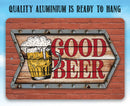 Good Beer - Metal Sign by Lone Star Art features a beer mug and “GOOD BEER” on wood with an arrow border. Made of quality aluminum, ready to hang—perfect for home bars or as a beer gift.