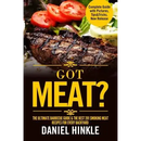 Book cover showcases a grilled steak, smoked meat, charred tomatoes, and fresh greens. The title reads “Got Meat? The Ultimate Barbecue Guide & The Best 201 Smoking Meat Recipes For Every Backyard + BONUS 10 Must-Try BBQ Sauces.” A yellow circle at the top right highlights “pictures, tips, and tricks.” Perfect for BBQ enthusiasts seeking the ultimate guide or smoker handbook from Books by splitShops. Author: Daniel Hinkle.